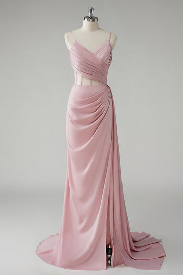 Blush Sheath Spaghetti Straps Corset Pleated Sheath Long Prom Dress